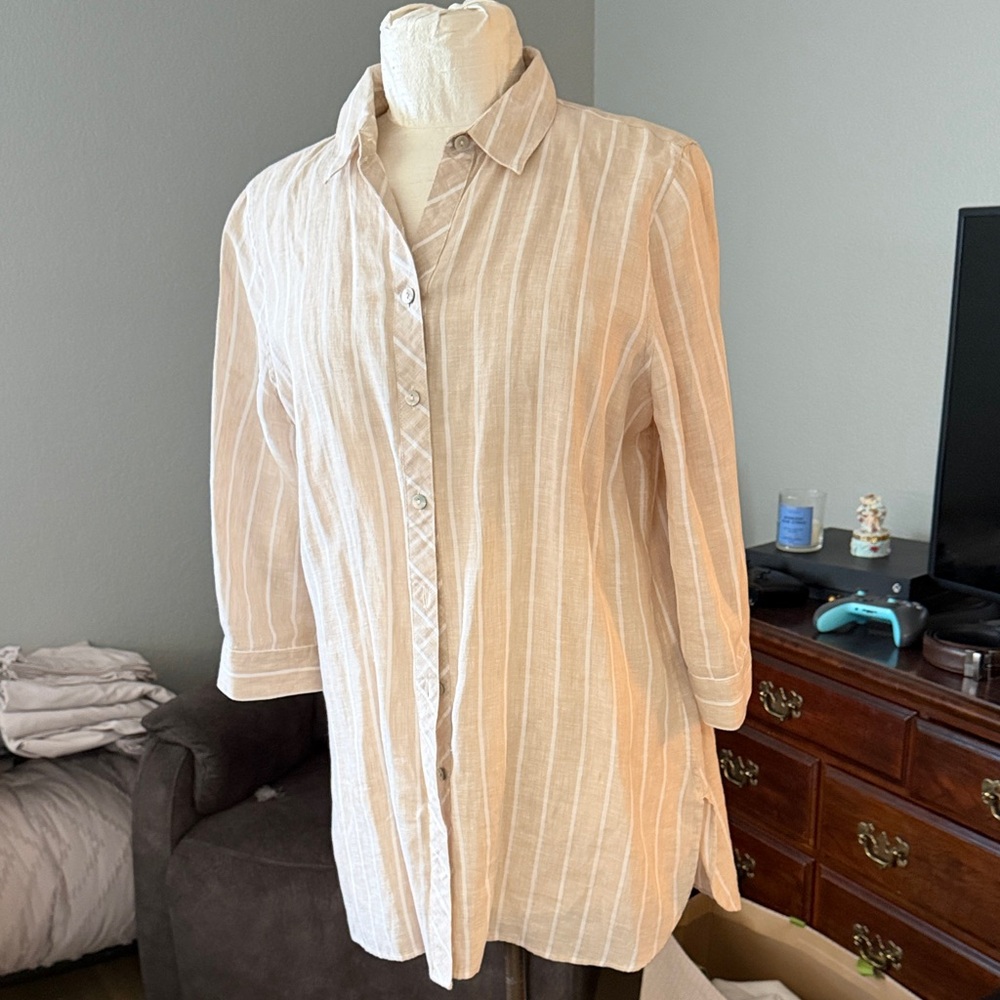 Chico's Beige Striped Button Down Shirt